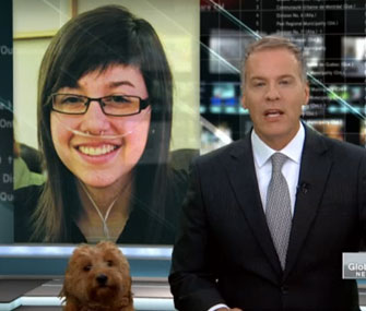 Storm the weather dog interrupts a Global News broadcast.