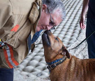 Wichita Fire Department Capt. Michael Wells gets a kiss from Taz after he was rescued by firefighters.