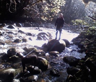 Aaron Eastlick and his pal Vegas go for a hike at Seattle's Snoqualmie Falls.