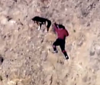 Hiker and dog on cliff