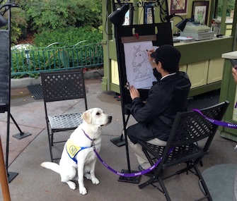 Yahoo, a service dog in training, posed for a caricature in Disneyland.