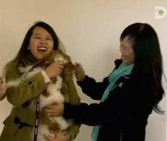 Bentley slobbers his owner, Nina Pham, with kisses after being released from quarantine Saturday.