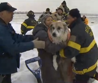 Firefighters in Revere, Massachusetts, rescued a man and his two dogs from an icy marsh Thursday.
