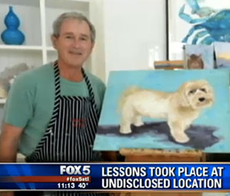 President George W. Bush stands with one of his dog paintings.