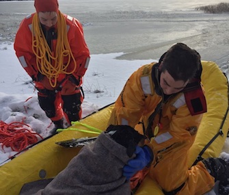 Rescuers pulled Bailey into a banana boat on Little Grand Lake in Minnesota.