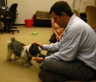 A staff member at the library interacts with Cooper