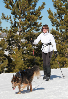 woman skijoring with dog in the snow