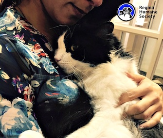 Bruce Almighty cuddles with his new adoptive mom.