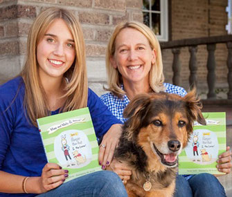 Mimi Ausland, left, sits with Maty the dog and Ausland's mom, Brooke Smith, author of Mimi and Maty to the Rescue.