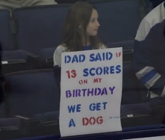 Maddie Wright will get a rescue puppy thanks to the Blue Jackets' Cam Atkinson, who scored three goals Monday night.