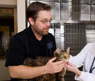 Man at the vet with his cat