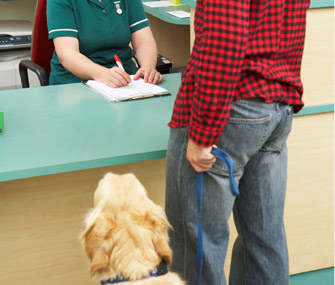 Man at veterinary clinic with his dog