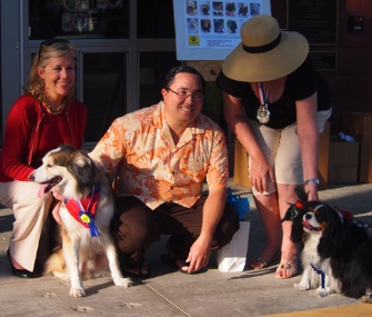 Bentley James, right, officially became the canine mayor of Coronado, California, Wednesday. He's pictured with his vice mayor, Blade, and their families.