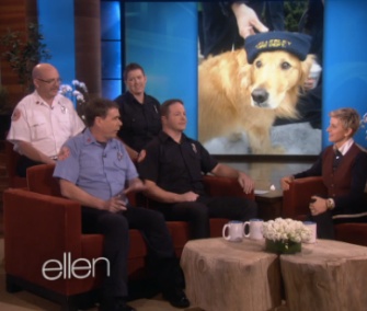 Ellen DeGeneres thanking a group of Boston-area firefighters for saving a Golden Retriever who fell through ice.