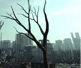 city skyline with dead trees