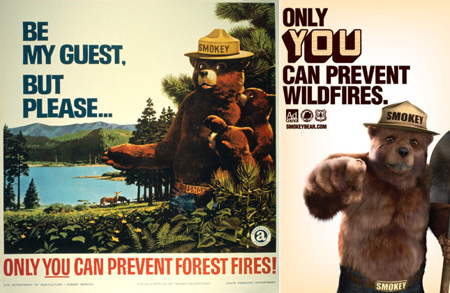 Smokey bear posters from 1967 and 2011.